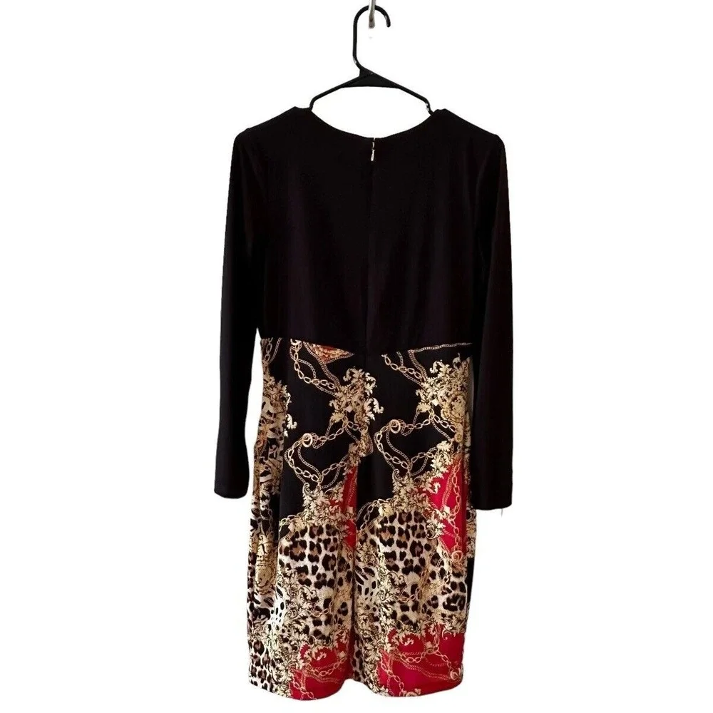 Thalia Sodi Black Red Chain Link Animal Print Sheath Ruched Bodycon LS Zipper M - Picture 6 of 16